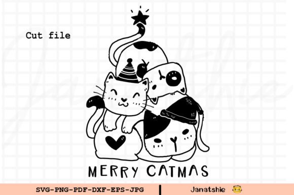 Cut File Outline Cute Cat Christmas Tree: A Charming Graphics Illustration